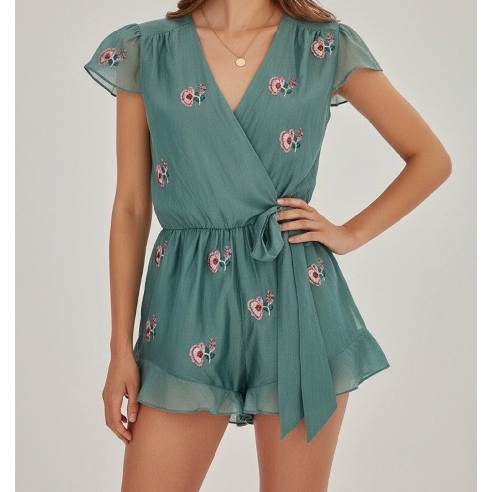 Tularosa Teal Floral Wrap Romper with Tie Waist